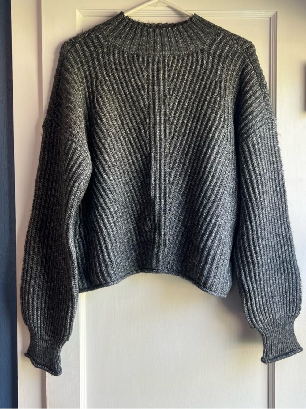 Ribbed Cowl-Neck Sweater - Gray